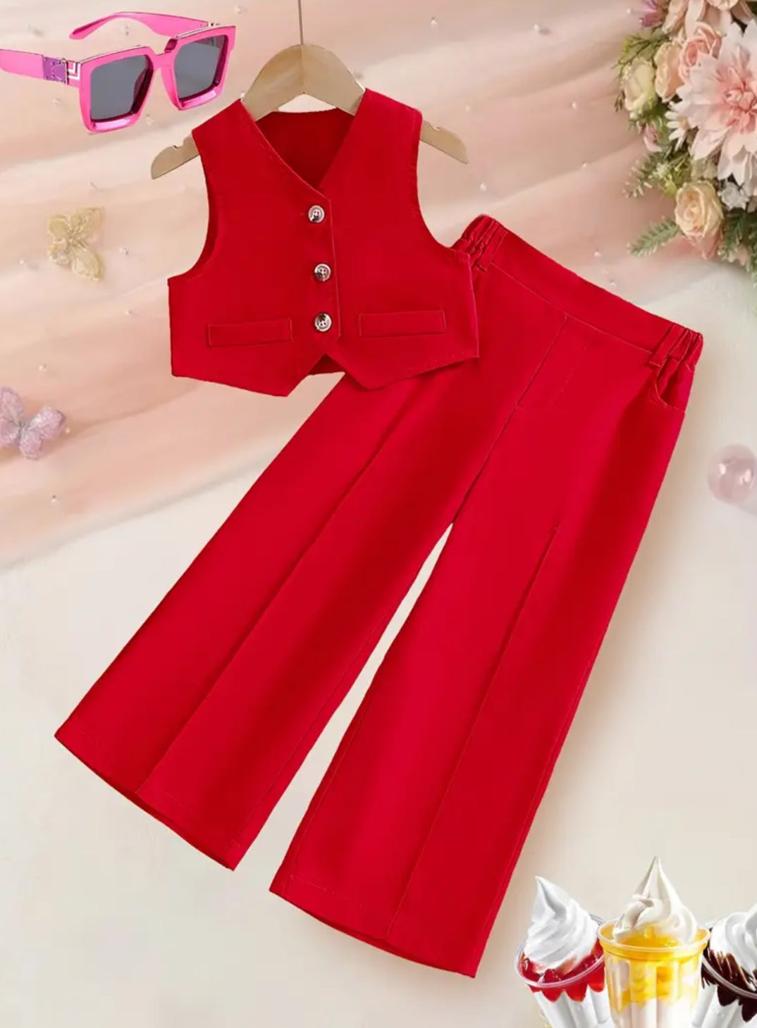 Girls ‘PAINT THE TOWN RED’ Fashion 2pcs Set Button Up Front Clip Vest + Elastic Waist Pants 