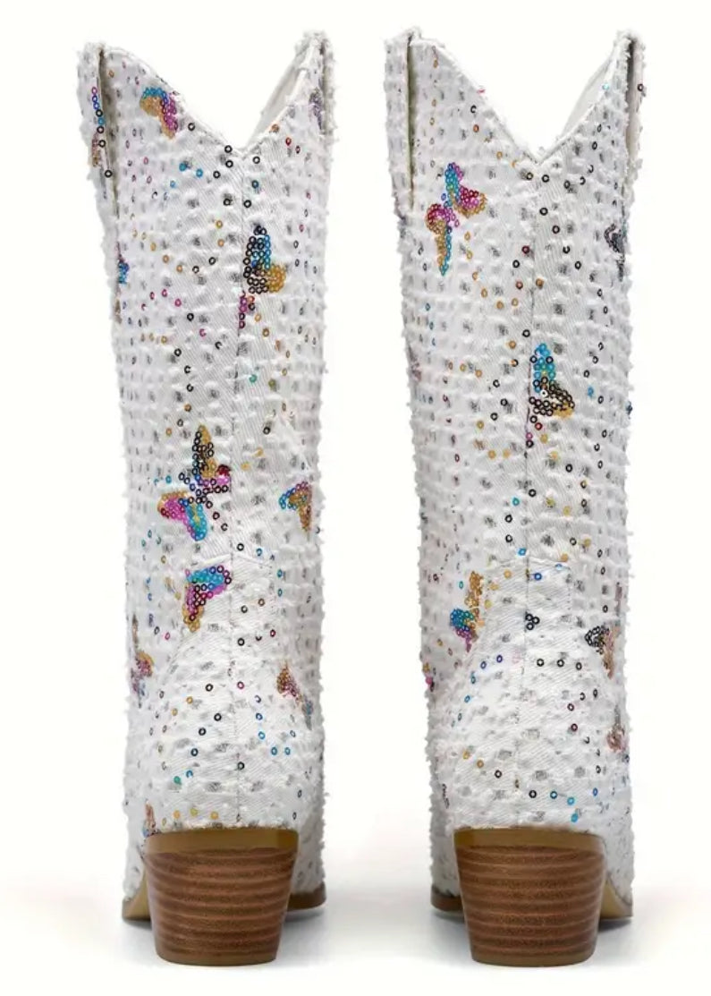 Women's “Sequin & Butterfly” Denim White Cowgirl Boots