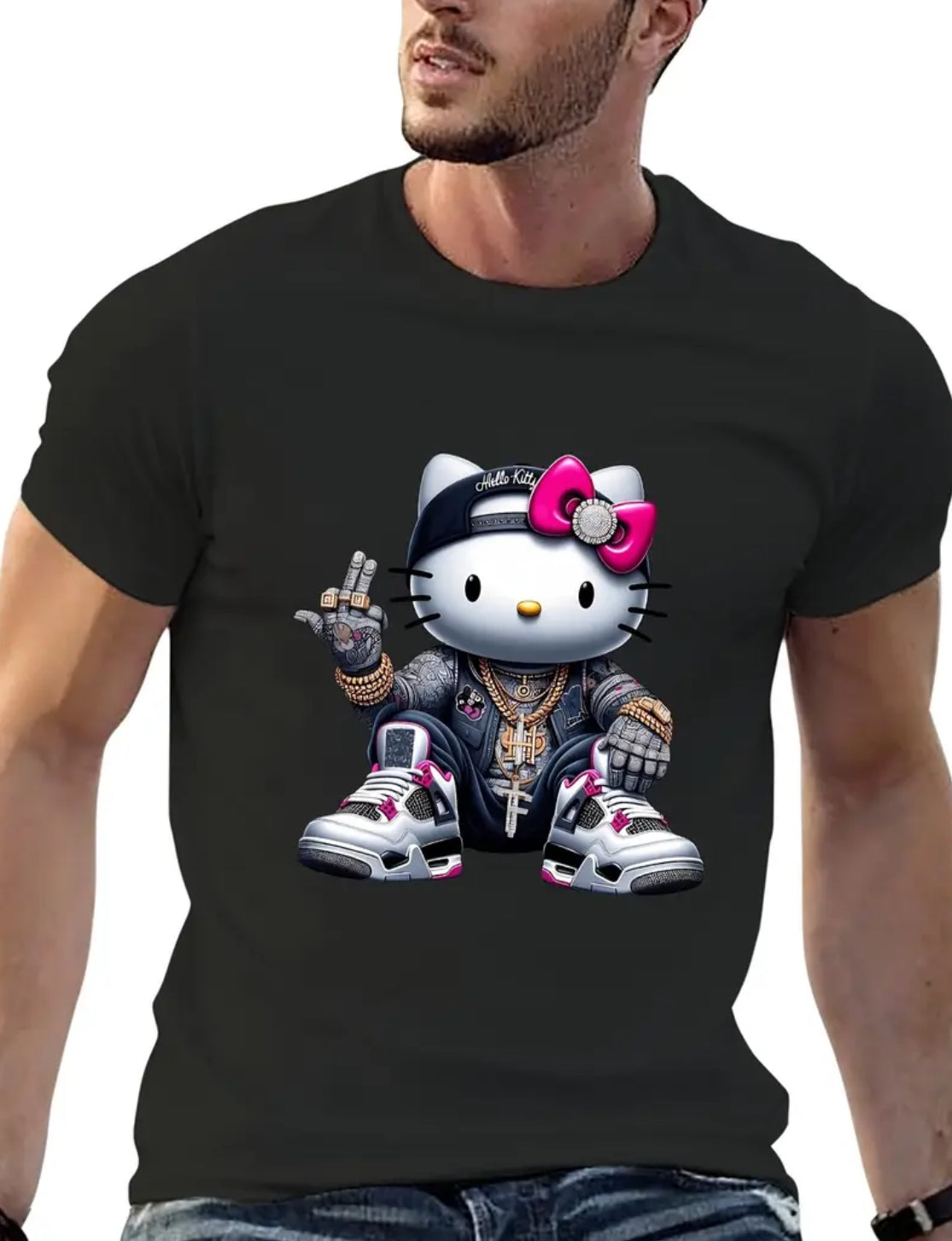 “Hello Kitty Hip-hop” Men's Short-Sleeved Fashion, Casual Streetwear T-shirt