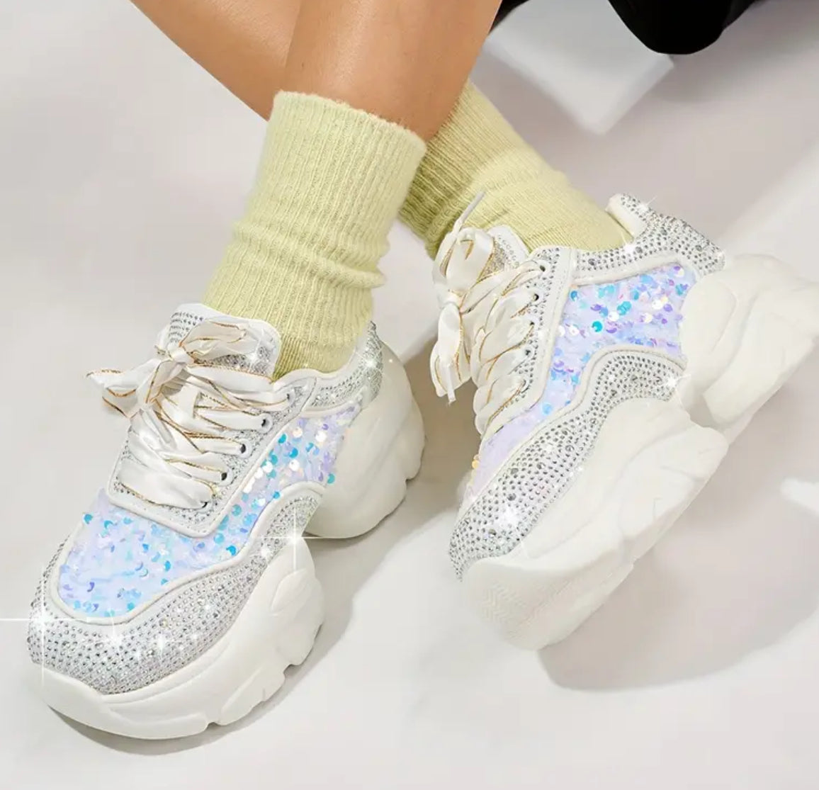 Zapatillas deportivas informales con cuña blanca y lentejuelas brillantes de diamantes de imitación para mujer