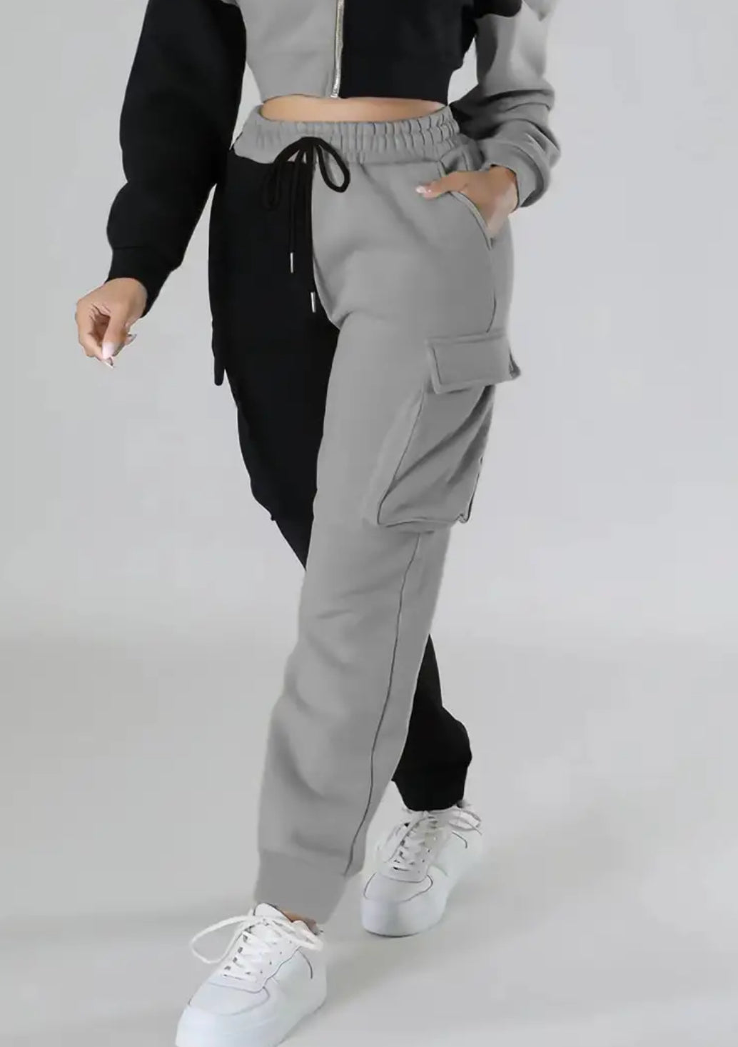 “Gemini” Casual Drawstring Pants Set, Flap Pockets, Color Block Cargo Pants