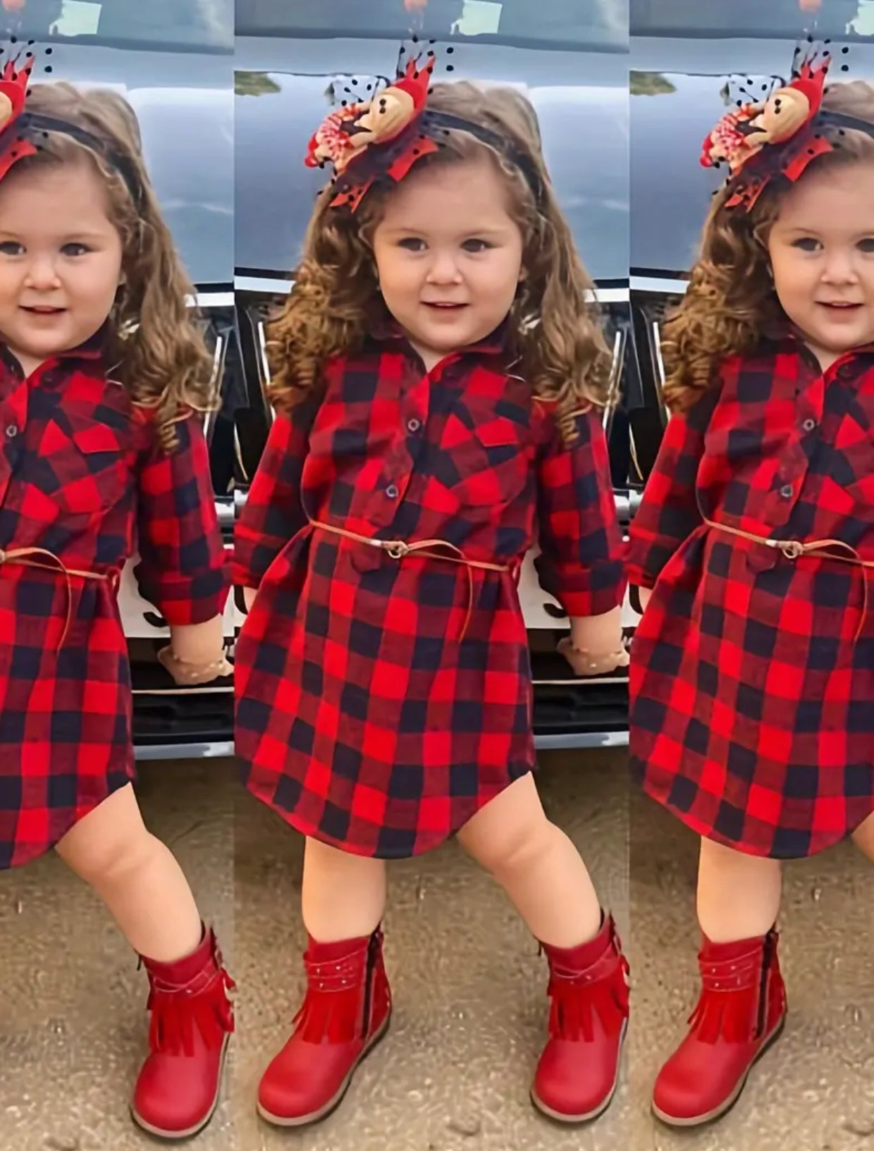 “Holly” Black Red Plaid T-Shirt Blouse Dress + Twist Belt, Long Sleeve, Toddler Baby Girl Outfit