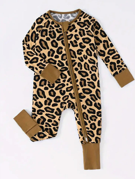 Pijama de una pieza de fibra de bambú para niñas, suave y acogedor, con cremallera, estampado de leopardo, cómodo y transpirable