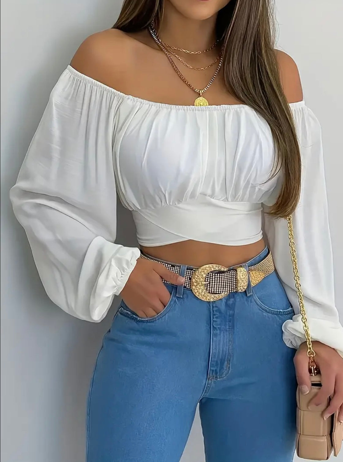 Blusa corta con lazo en la espalda para mujer: blusa informal de manga larga con hombros descubiertos