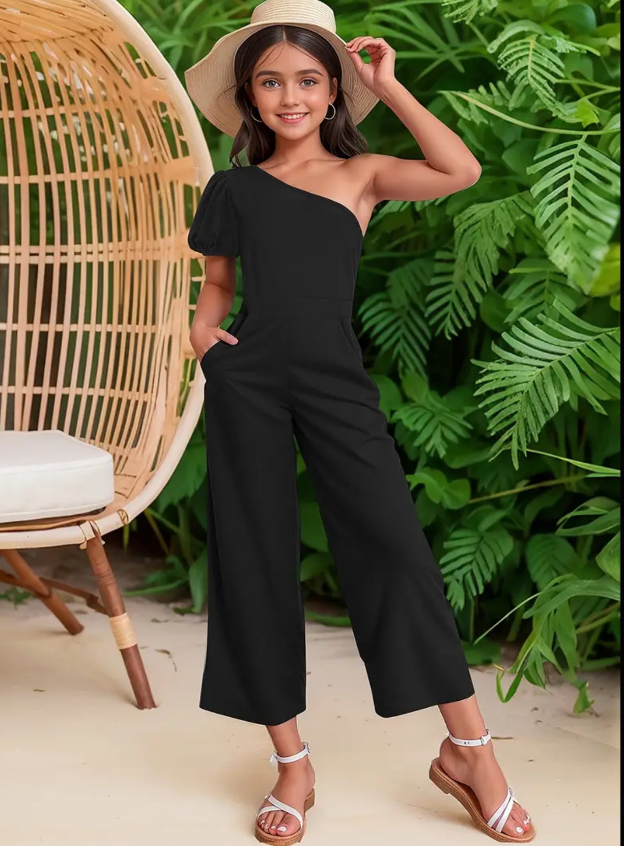 Teens Shoulder Puff Short Sleeve Jumpsuit With Pocket