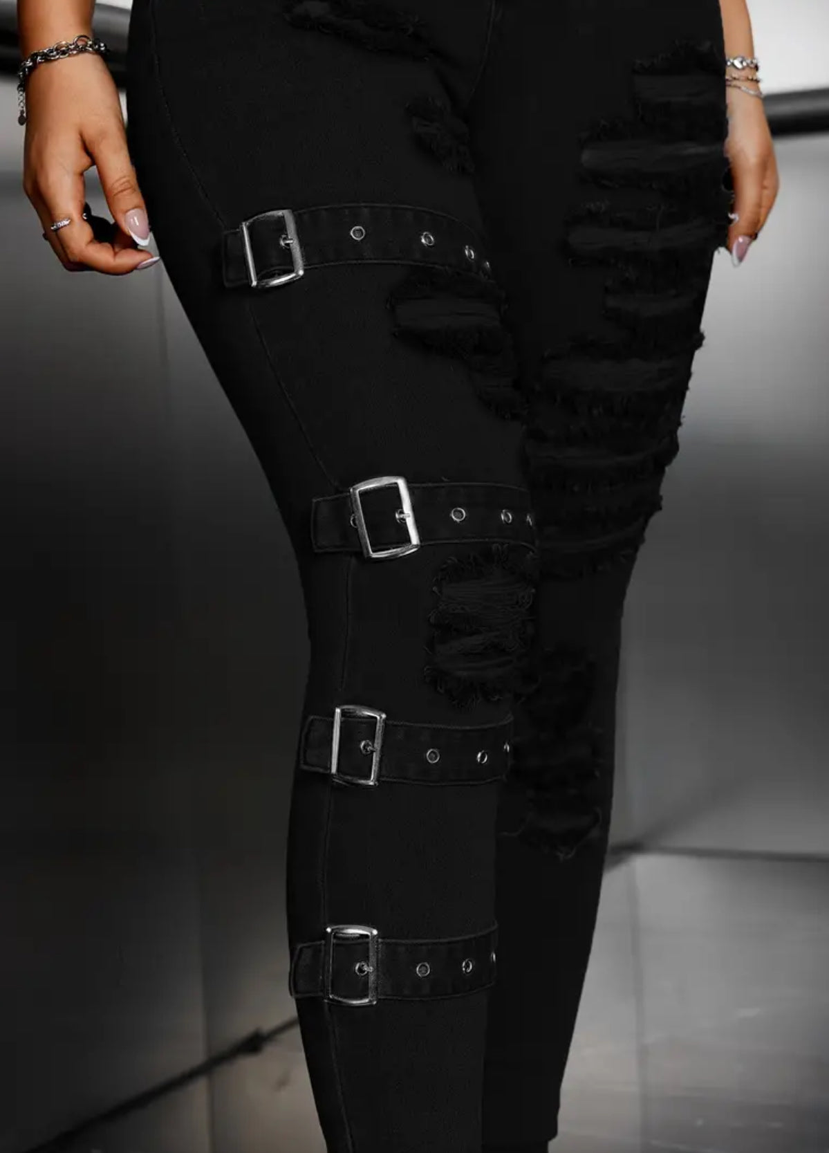 Adjustable Buckle , High-Waist Stretchy Skinny Jeans With Ripped Detailing, Street Style Fashion