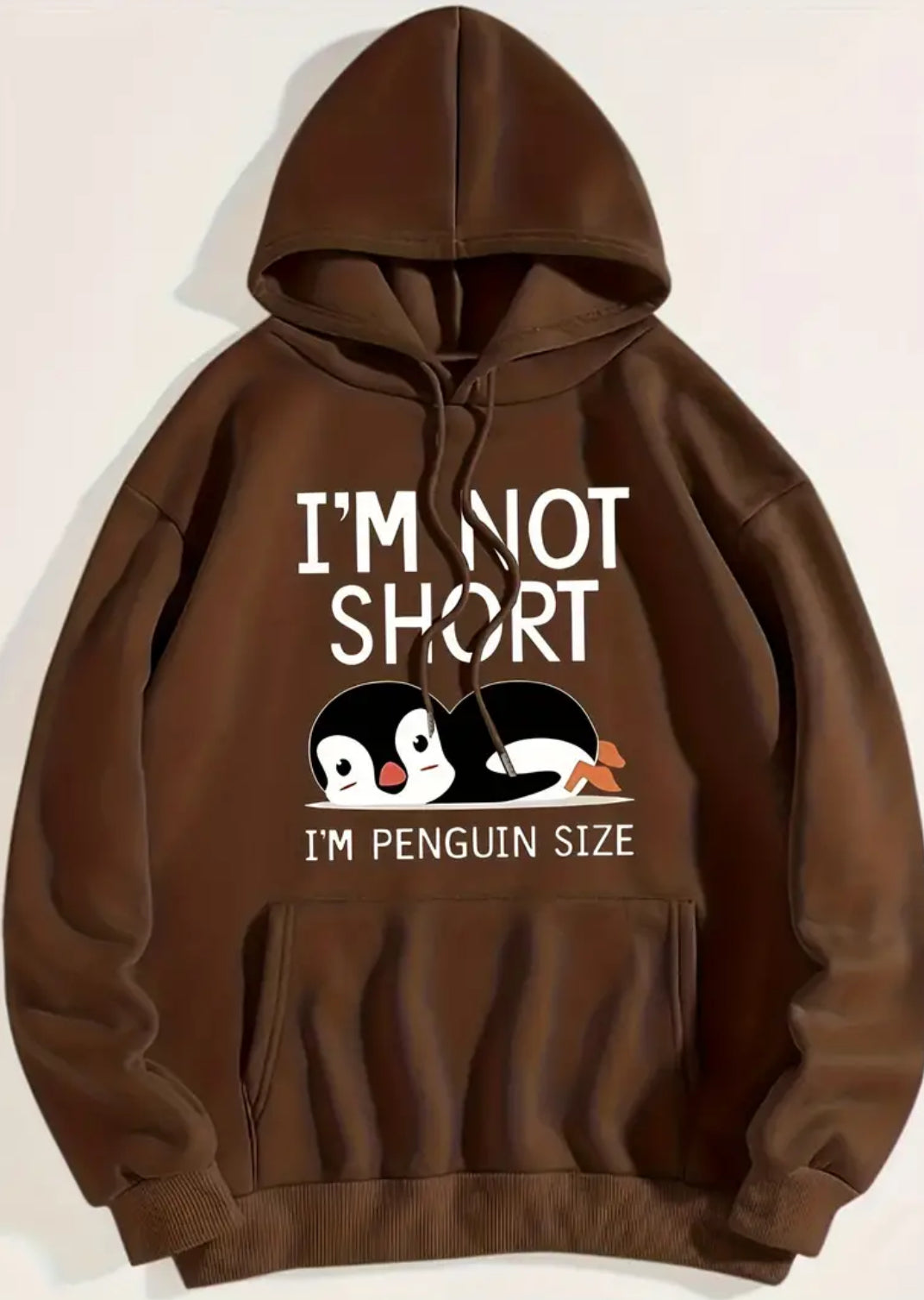 “I’m Not Short” Penguin, Casual Comfy Kangaroo Pocket & Long Sleeves Hoodie Sweatshirt, Women’s S-2XL