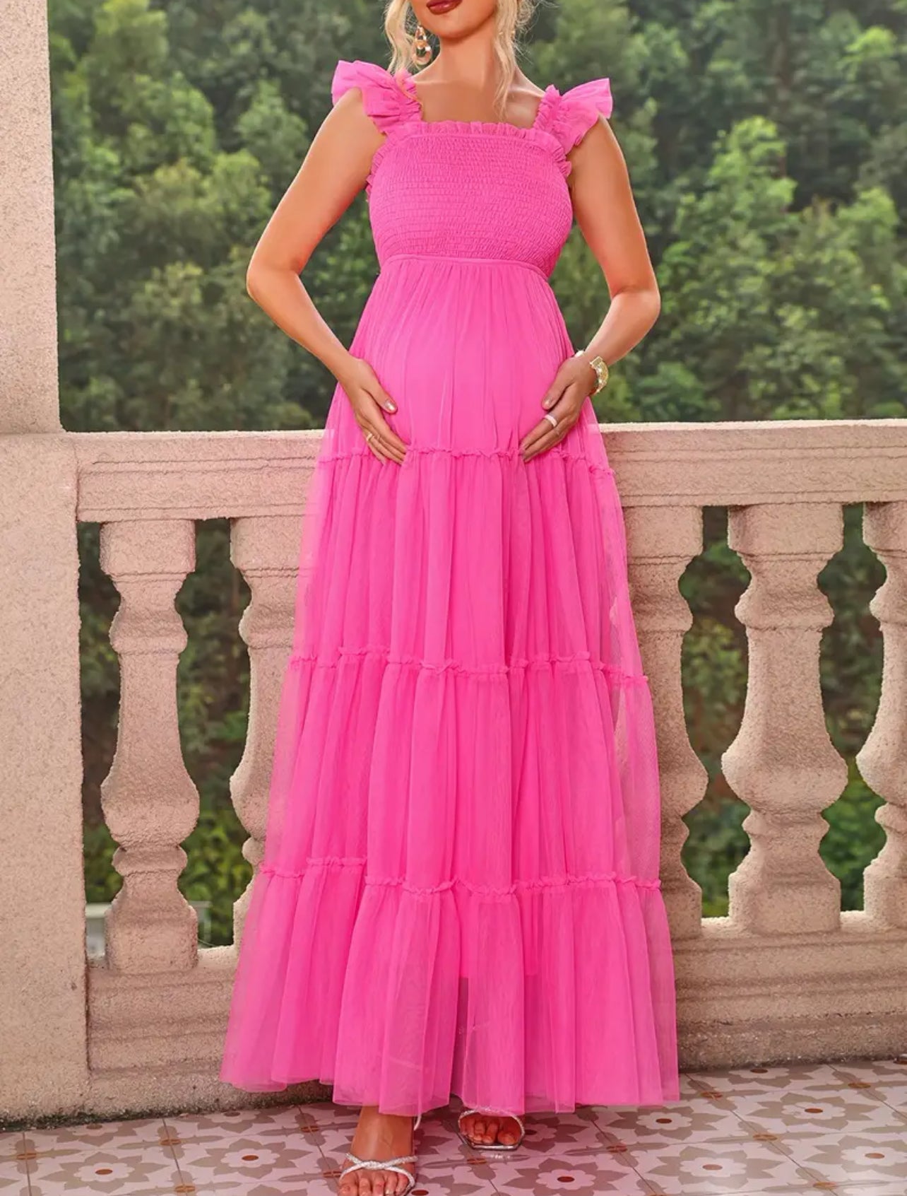 Pretty in Pink 🩷 Baby 🌙🌟 Bumps Maternity Collection Solid Hot Punk Flying Sleeve Dress For Baby-shower or Special Occasions