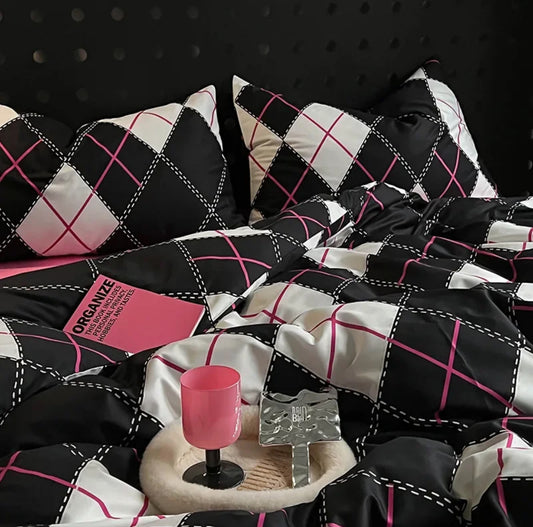 Funda nórdica con estampado de rombos en rosa intenso y negro, ropa de cama