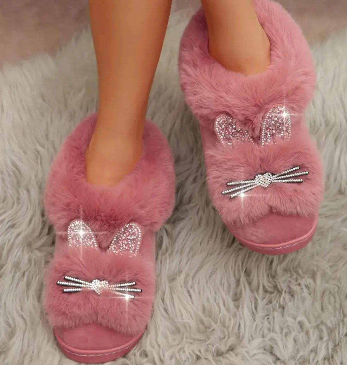 Rhinestone Plush Cat Slippers - Cozy Warm Fluffy Soft Sole Slip-On Fuzzy Home Slippers with Velvet Lining