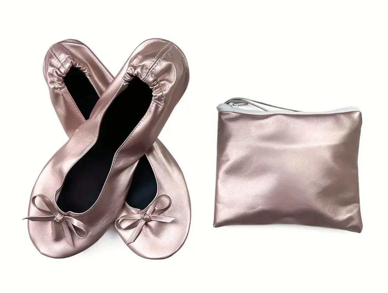 Metallic Pink “Portable Feet Savers” Women's Metallic Flat Shoes, Casual Slip On + Carry Along Bag