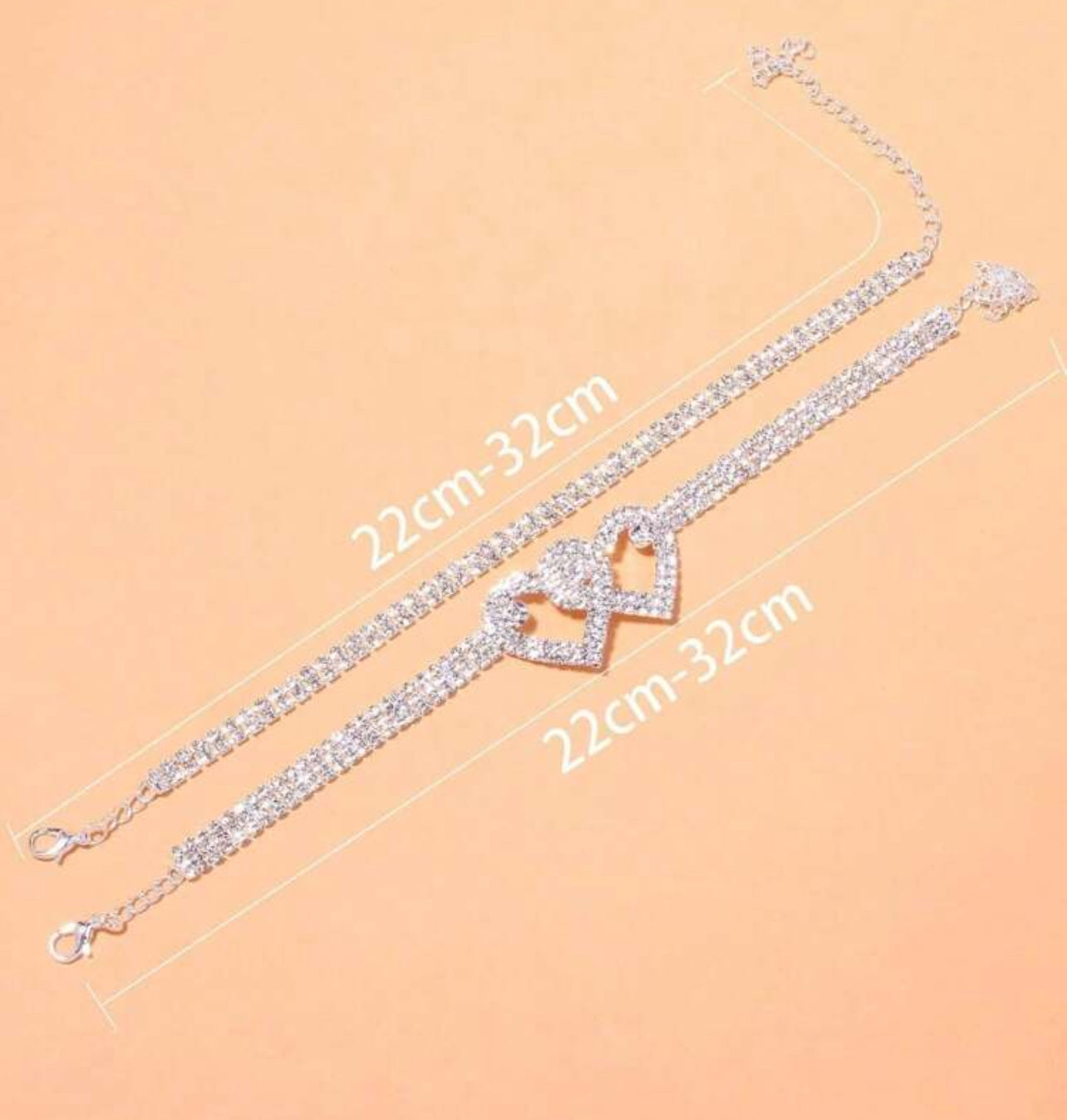 2Pcs, Bling Heart Pendant, Double Layer Rhinestone Anklet