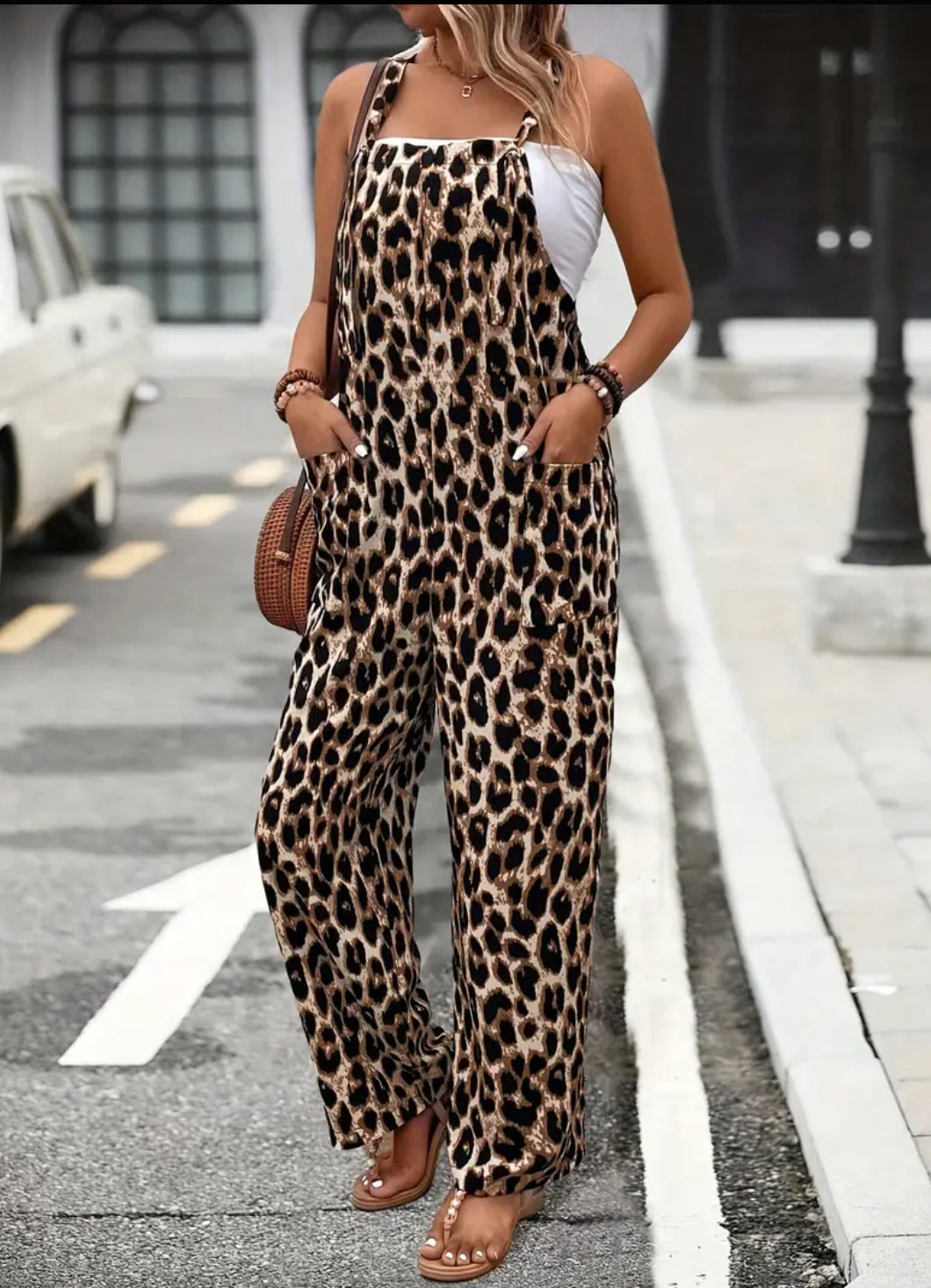 Leopard Wide Strap Overall, Wide Leg Jumpsuit