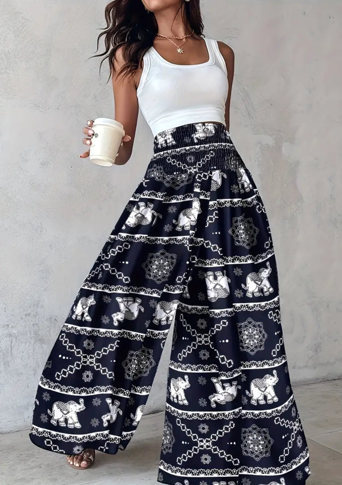 “Boho Floral” Shirred Waist, Floor Length, Wide Leg Pants 🔹