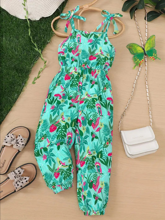 Tropical Leaves, Bow Decor Cami Jumpsuit Romper