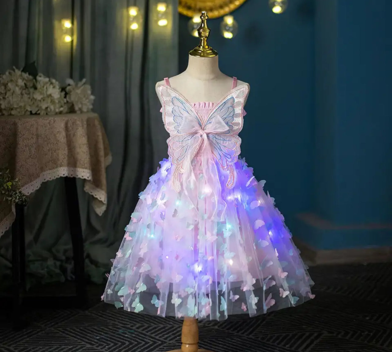 Girl's Luminous Butterfly Puffy Dress with Colorful Lights