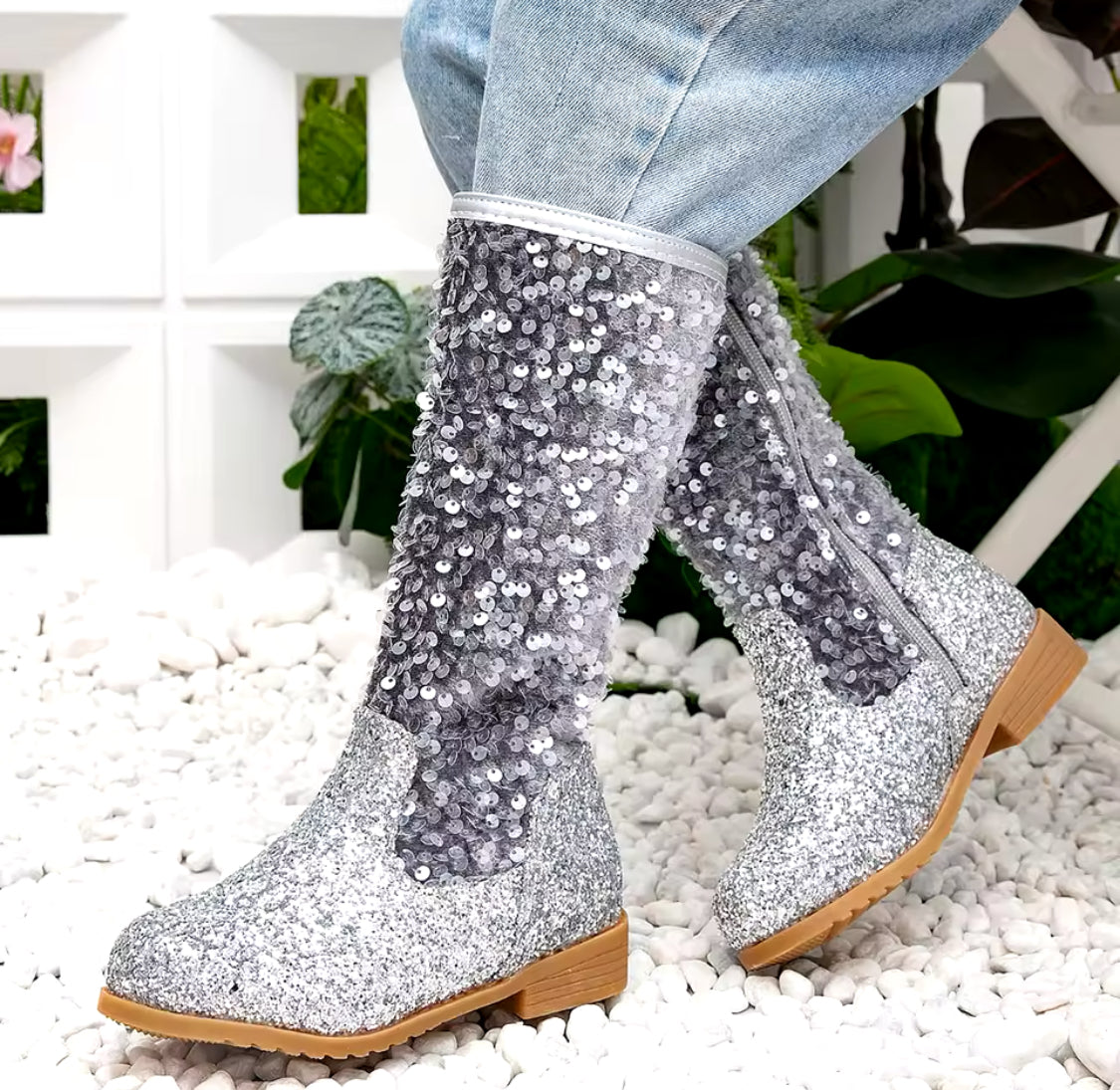 Sparkling Sequin Princess Boots - Cute, Fleece Lined, High Boots With Zip Closure