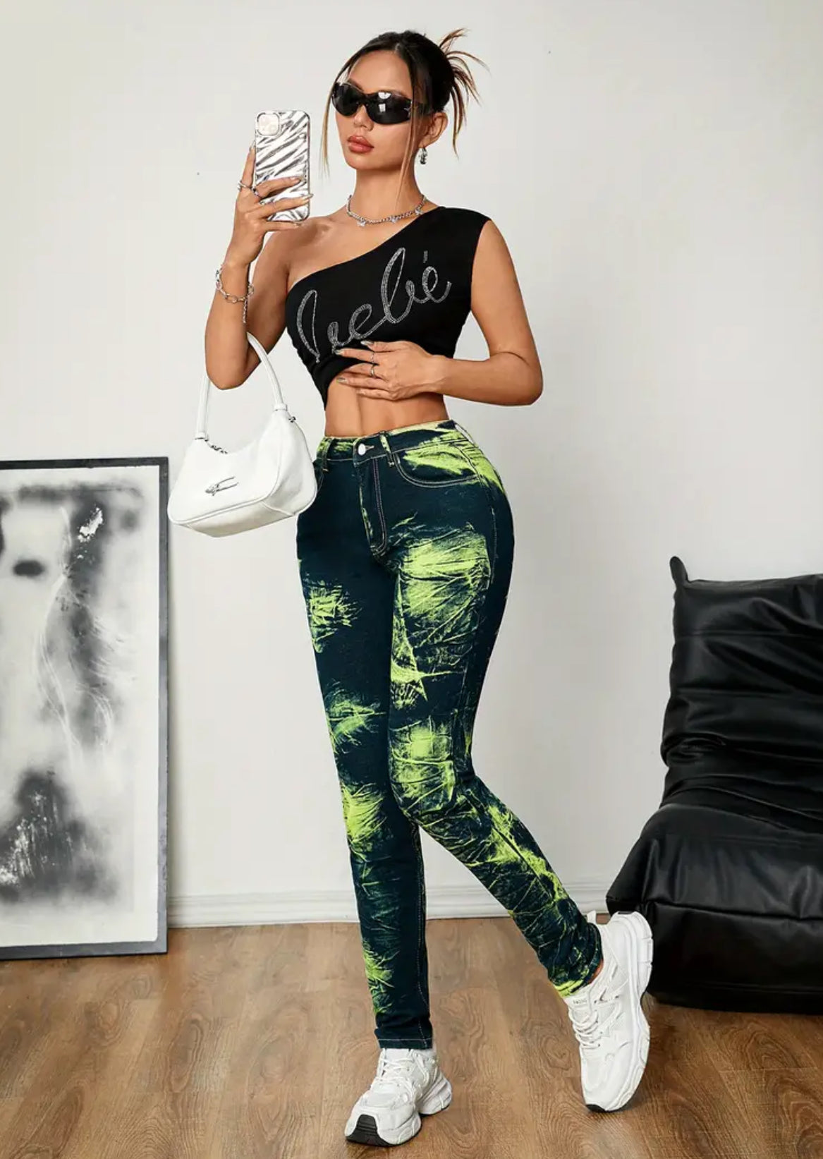 “Tie Dye Neon” High Waist Elastic Hip Lifting Versatile Denim Pants