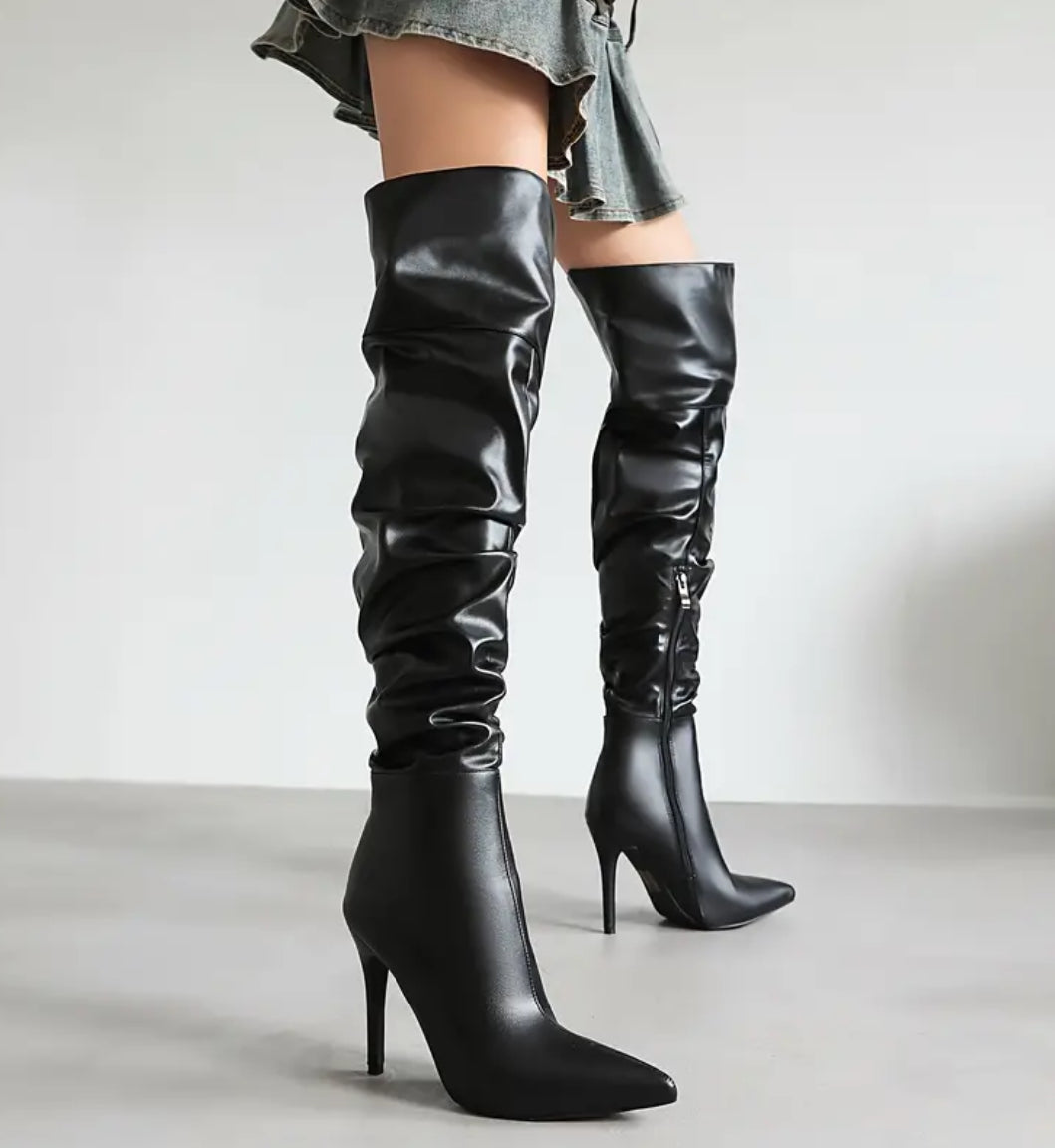 “Midnight” Over-the-Knee Stiletto Boots With Side Zipper And Stretch Fit