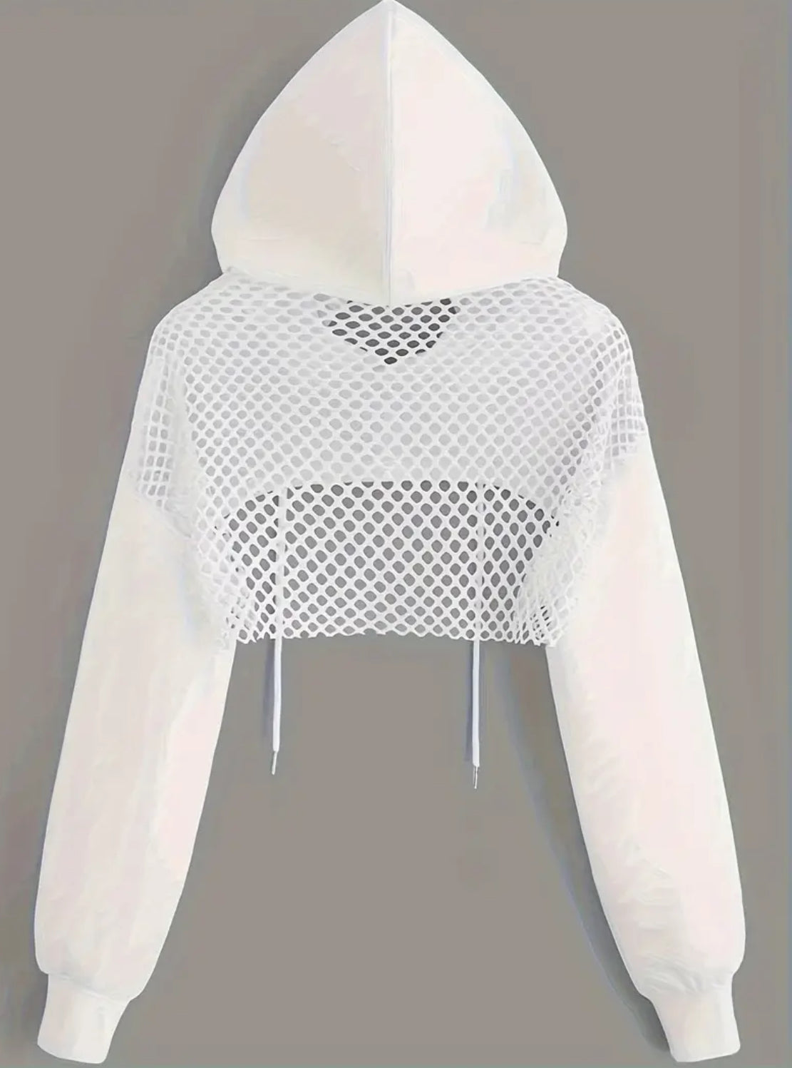 Soft Slight Stretch Contrast Mesh Details, Pullover Long Sleeve Hooded Crop Sweatshirt, Women’s/ Teens