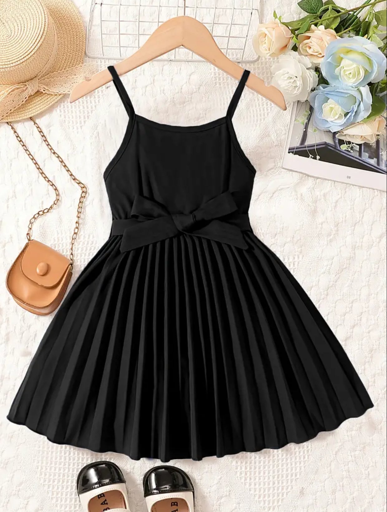 Girls, Vintage Pleated Hem Bow Belted Cami Dress