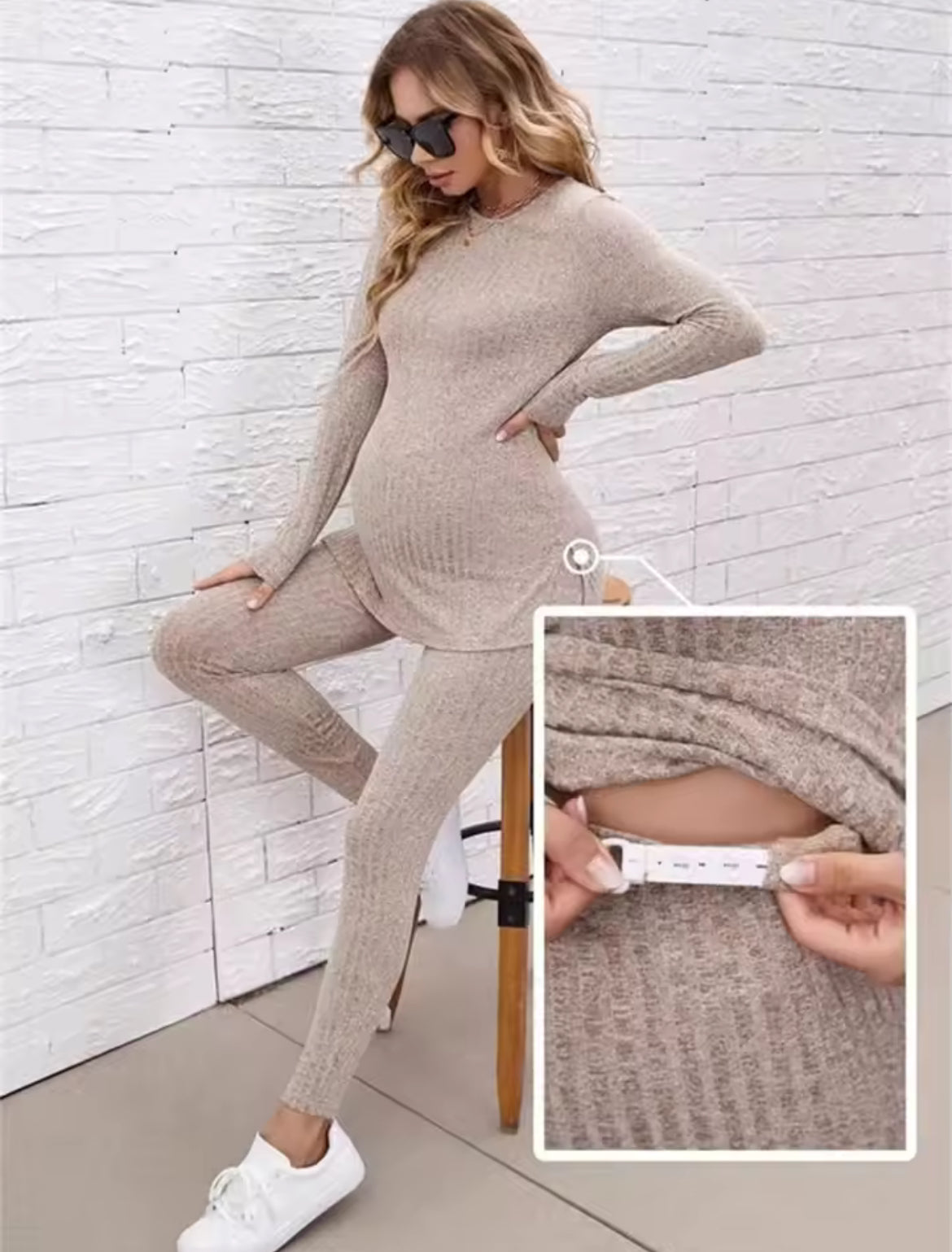 Conjunto de maternidad de 2 piezas con blusa de manga larga con dobladillo dividido y pantalones con cintura elástica ajustable