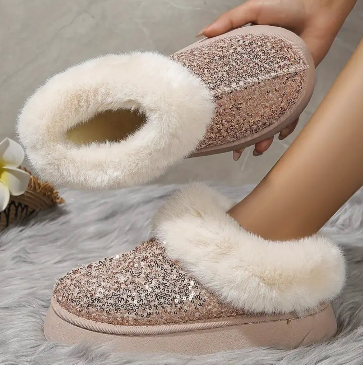 Women's Sequin Fur Lined Winter Warm Slip-On, In Door-Outdoor Slippers