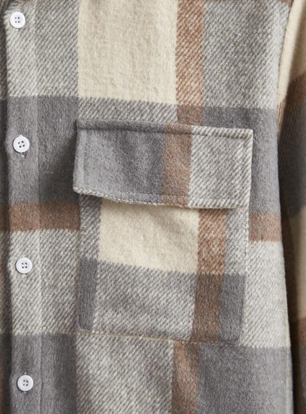 “So Handsome” Plaid Flannel Print, Flap Pocket Jacket, Tan and Touch of Lavender on Collar