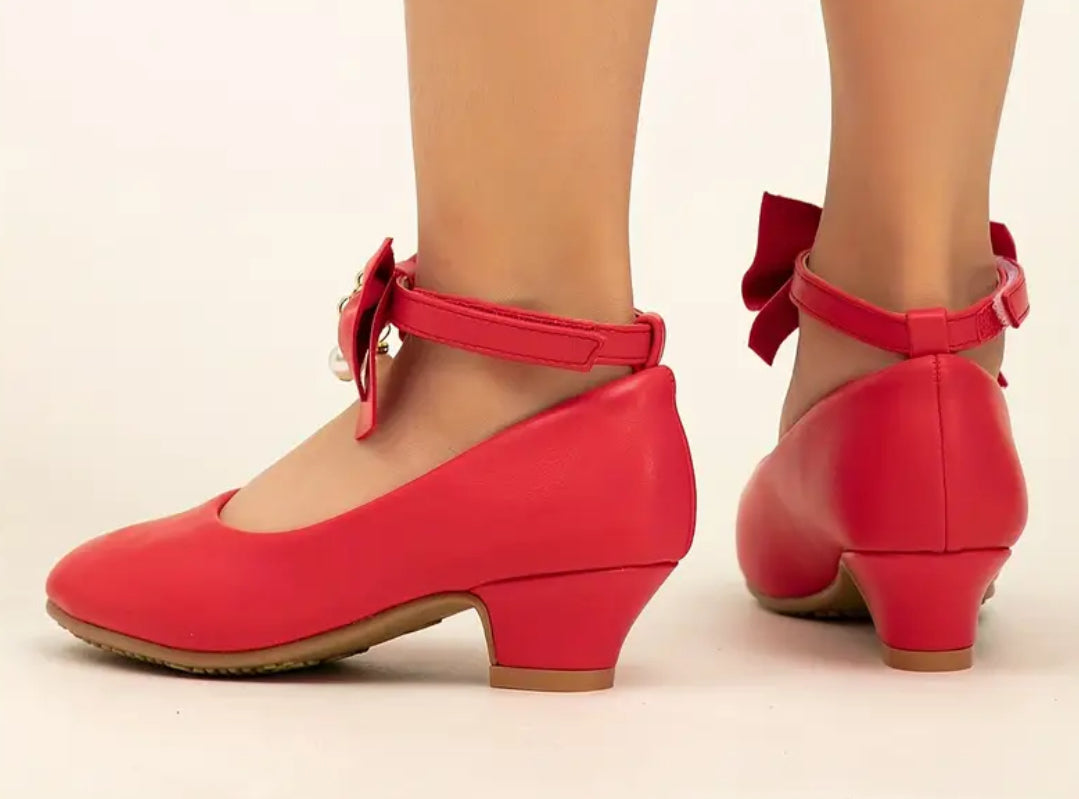 “Little Red Ridding-hood” Princess Shoes, Teens Bow Pearl Accent