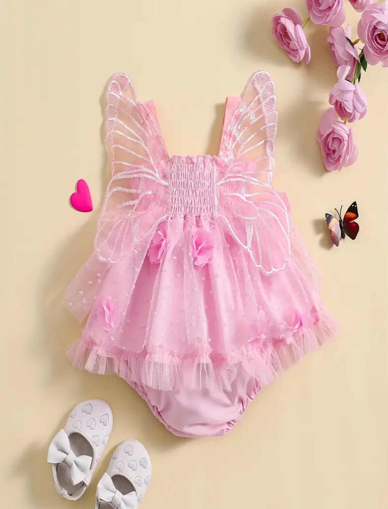 “Pink Butterfly Wings” Decor Dress, Shirred Mesh Design Cami Bodysuit