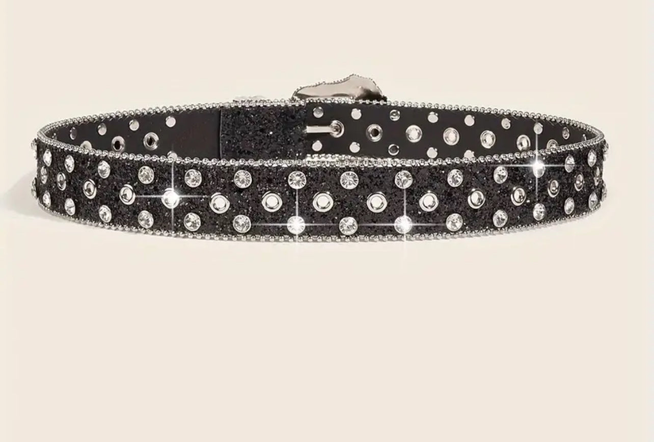 Vintage Western, Rhinestones & Glitter Buckle PU Leather Belt