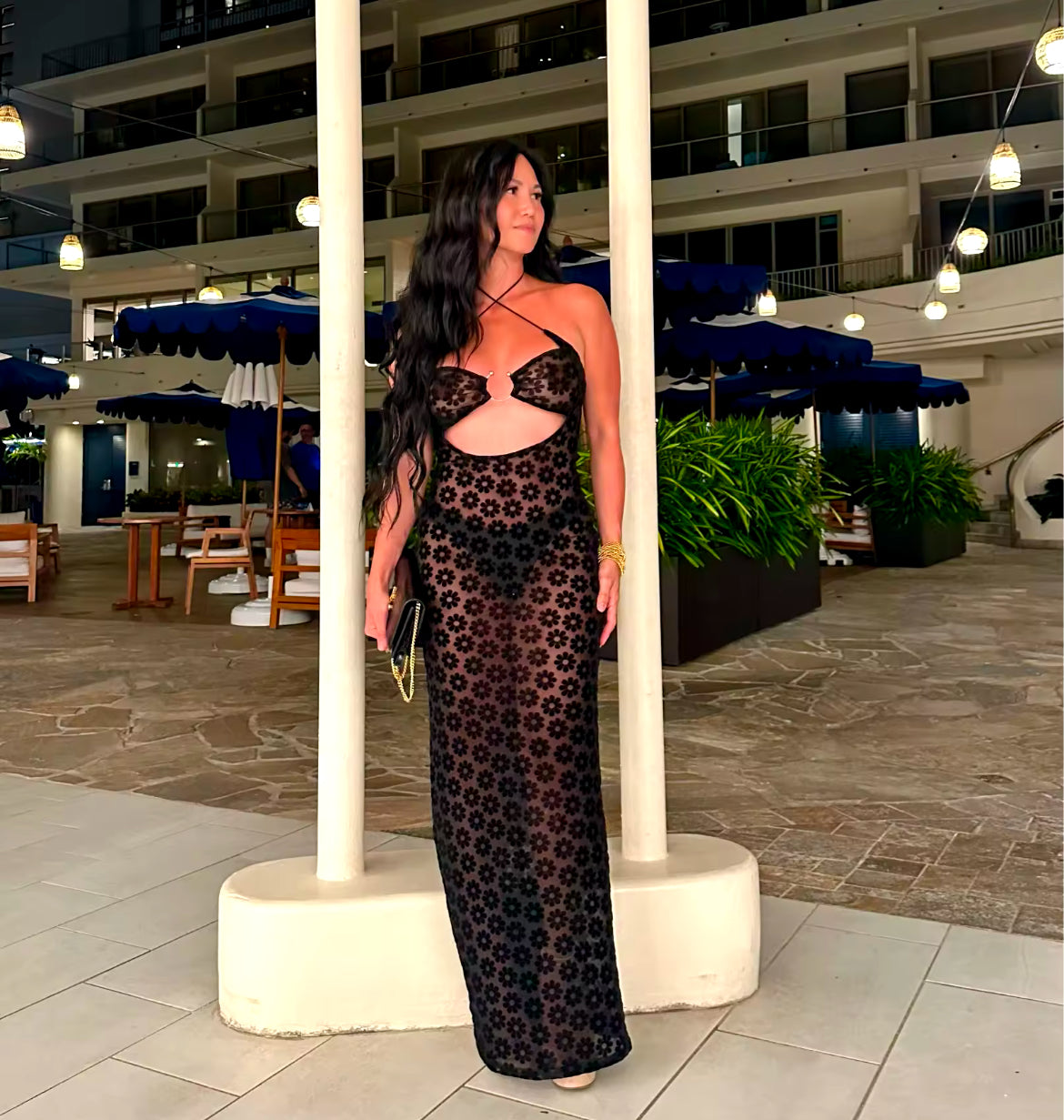 Black Maxi Dress Sexy Hollow Female Street, Hanging Neck 🖤