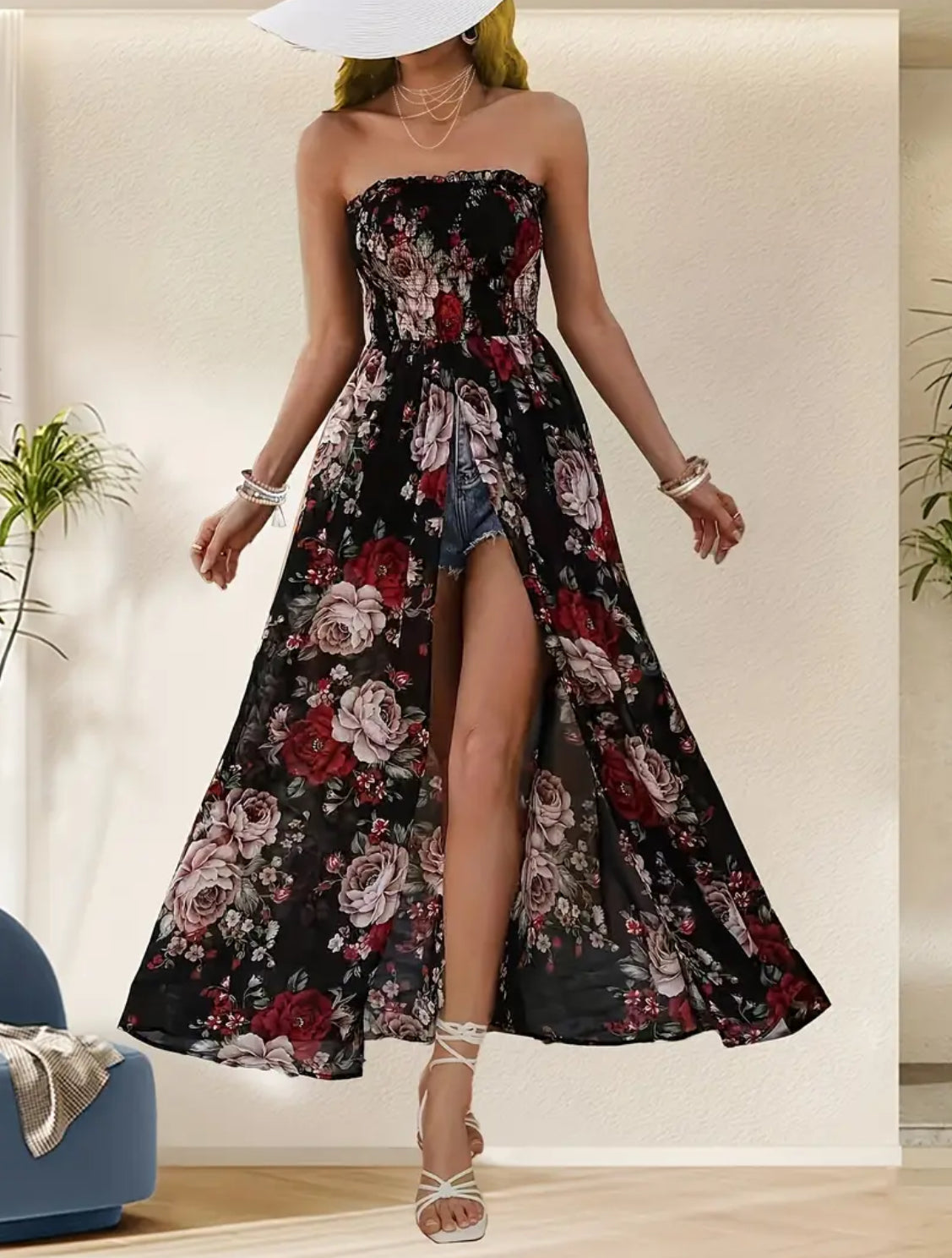 Vibrant Off Shoulder Floral Tube Dress Shirred Bandeau