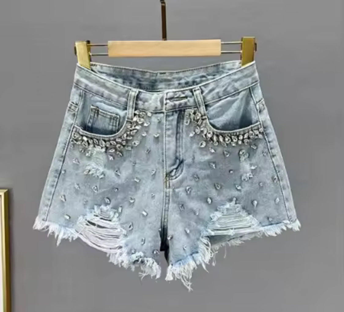 Ripped Wide Leg Rhinestone Denim Shorts | 3 Style Options