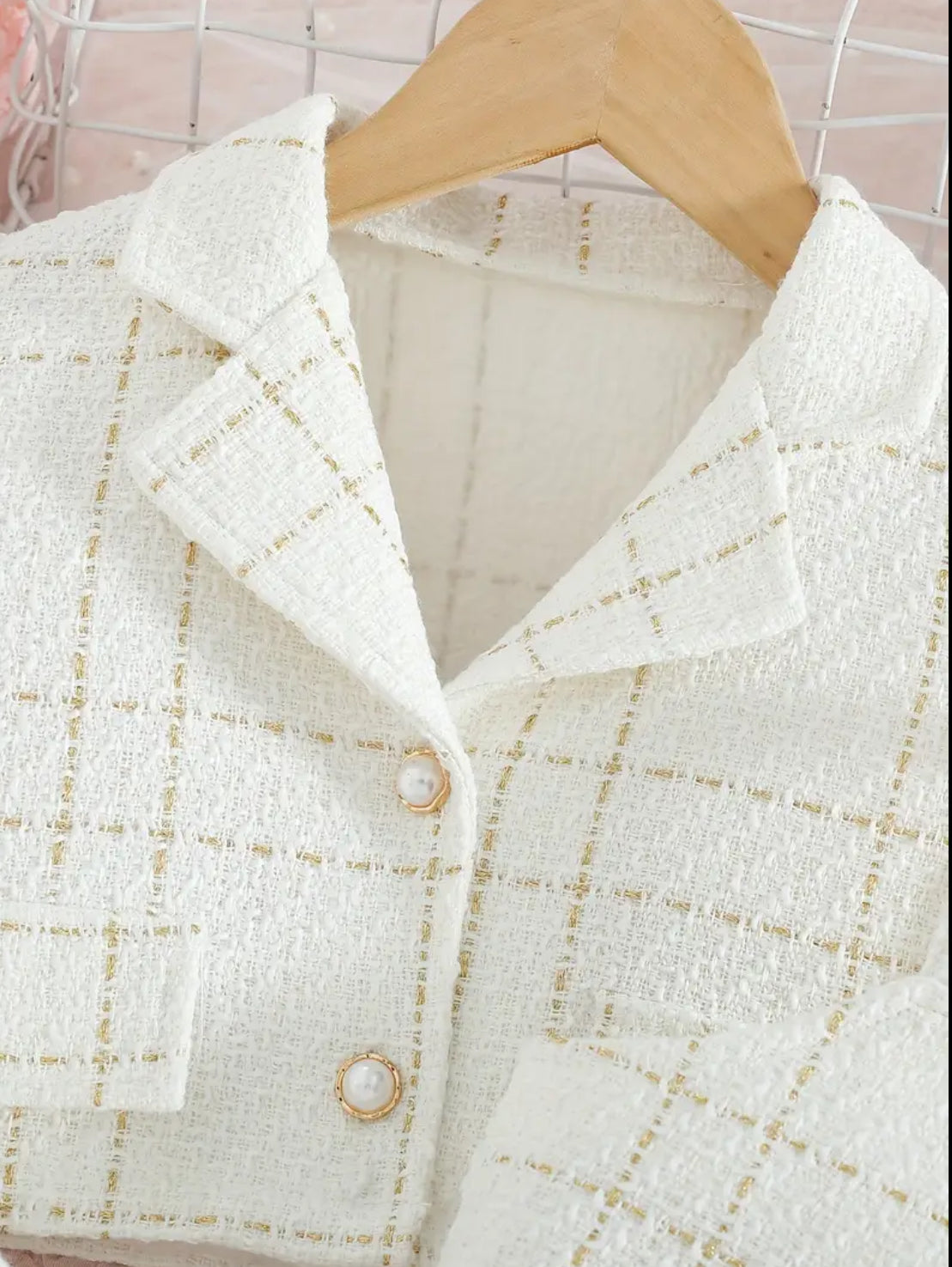 Girls ‘JACKIE O’ Fashion Plaid Two-Piece Set: Pearl Button Collar Long Sleeve Jacket + Vertical Button Suspender Dress 