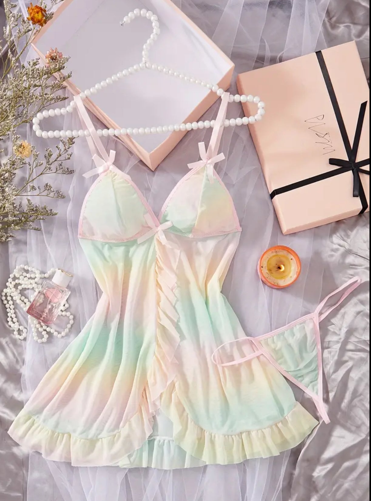 Sexy Gradient Ruffle Trim Lingerie Set, Bow Decor Cami Mesh Slip Dress & Undies