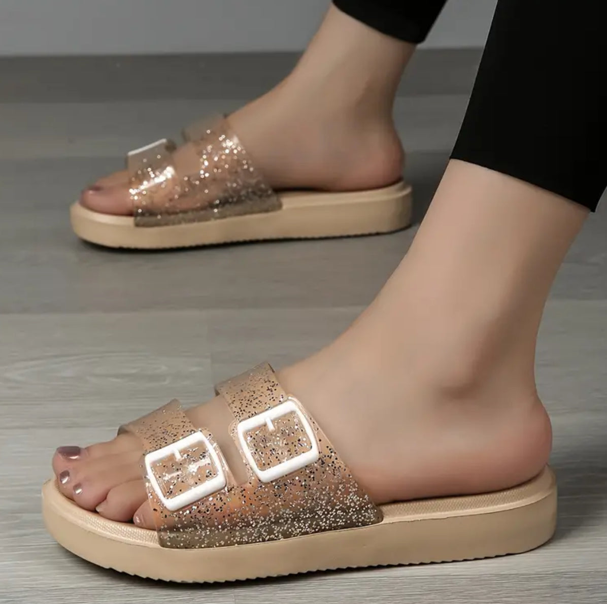 “Touch Of Glitter” Platform Slip On Double Buckle Platform Sandals