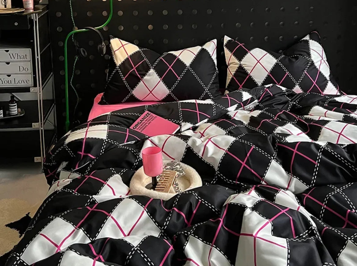 Funda nórdica con estampado de rombos en rosa intenso y negro, ropa de cama