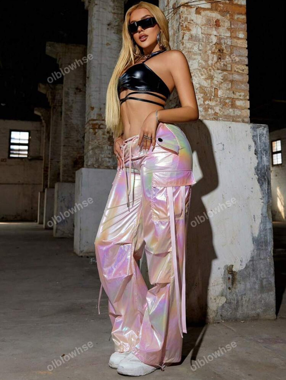 “Y2K Holographic” Flap Pocket, Tape Drawstring Waist, Wide Leg Parachute Cargo Streetwear