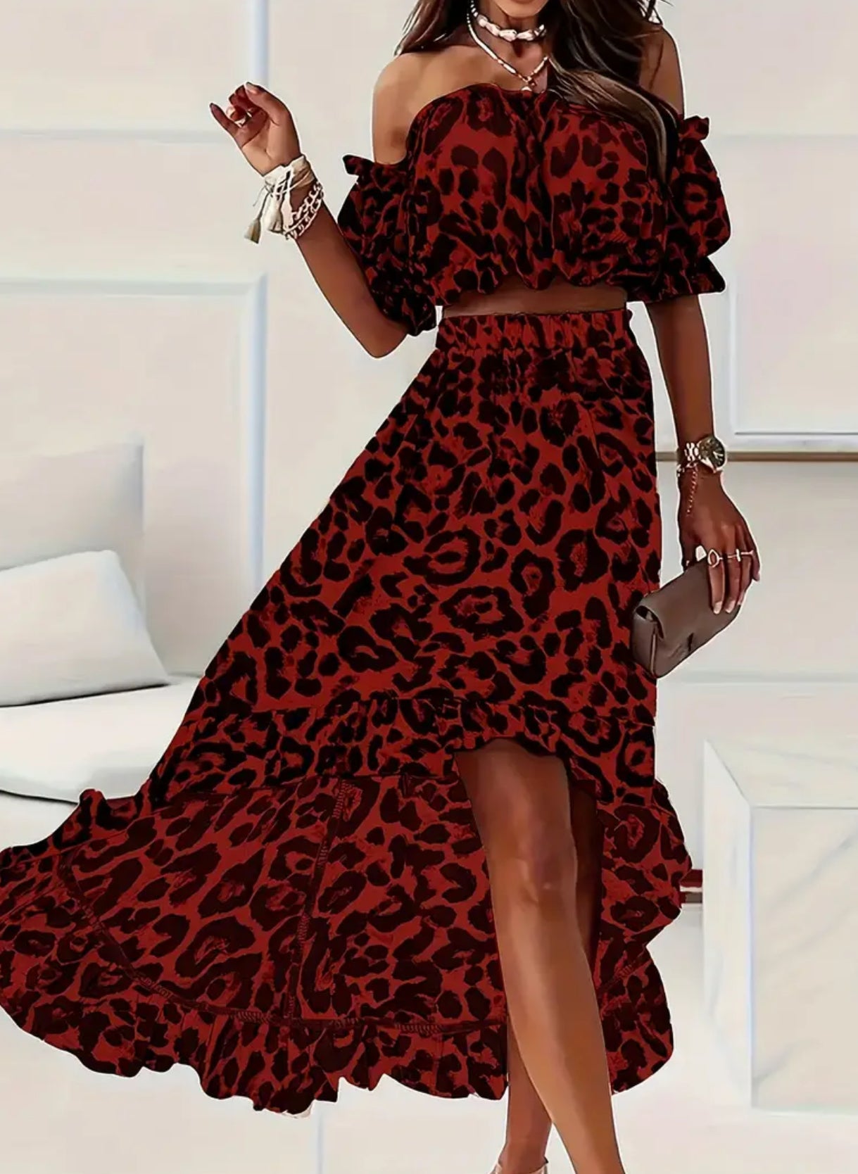 “Elegant Leopard” Two-piece Set, Off Shoulder Short Sleeve Top & Dipped Hem Skirts