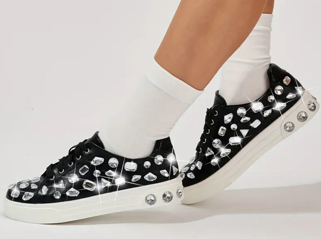 Women's “Rhinestone Sparkly” Flat Canvas Lace-Up Sneakers