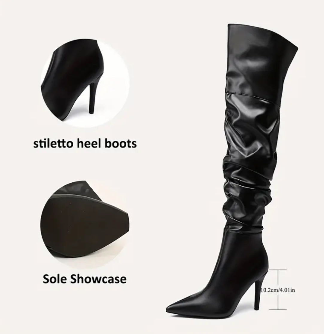 “Midnight” Over-the-Knee Stiletto Boots With Side Zipper And Stretch Fit