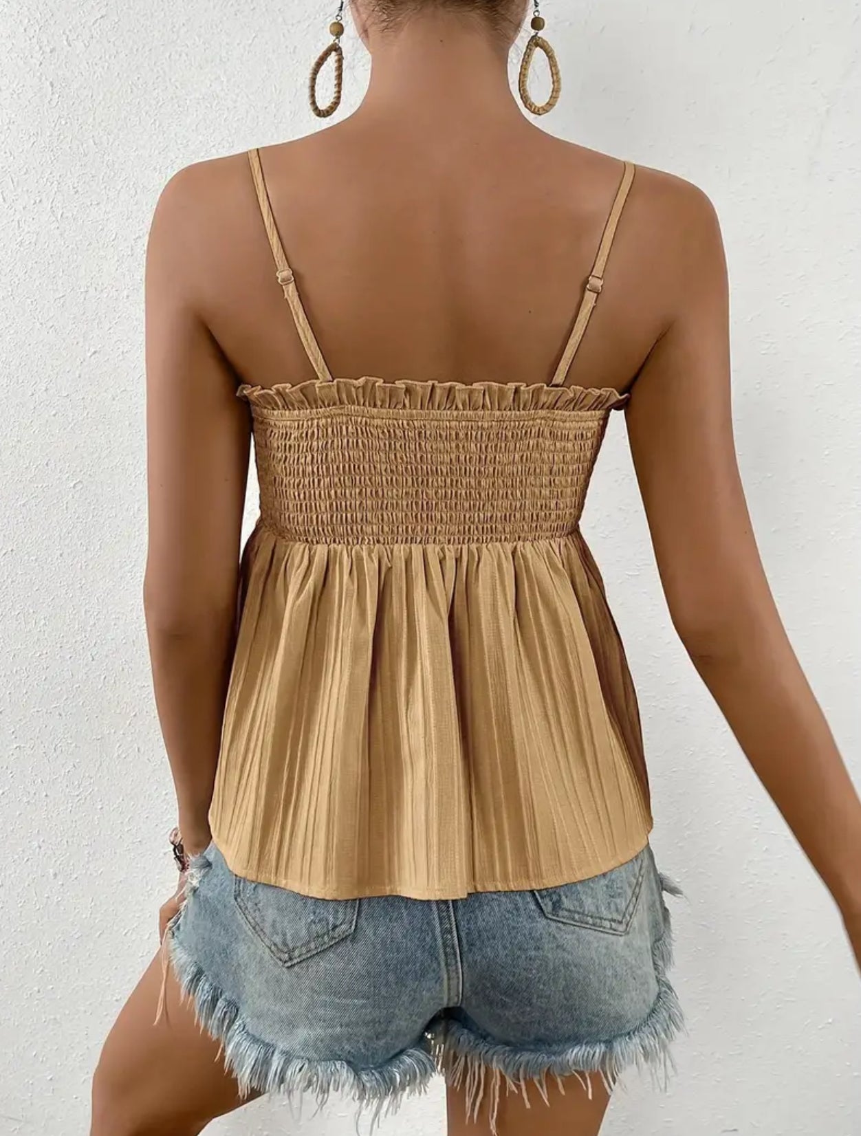 Spaghetti Strap, Shirred, Knot Front Cami Top