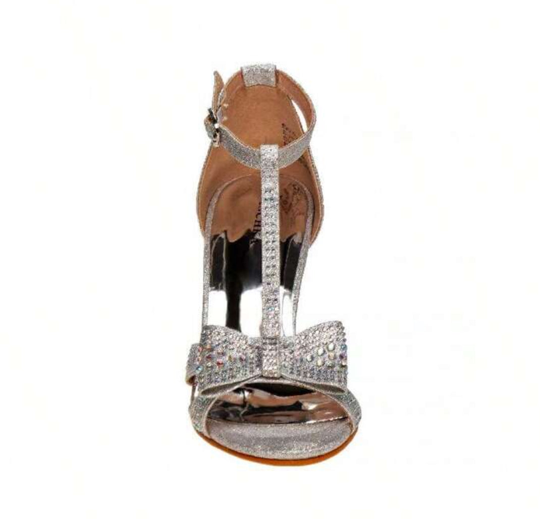 “Silver Brites” Heel Dress Sandals, Youth