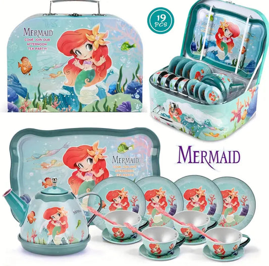 19-Piece Mermaid Tea Party Playset, Ages 3-6, Includes Pretend Play Tin Tea Set & Carrying Case 🧜🏼‍♀️