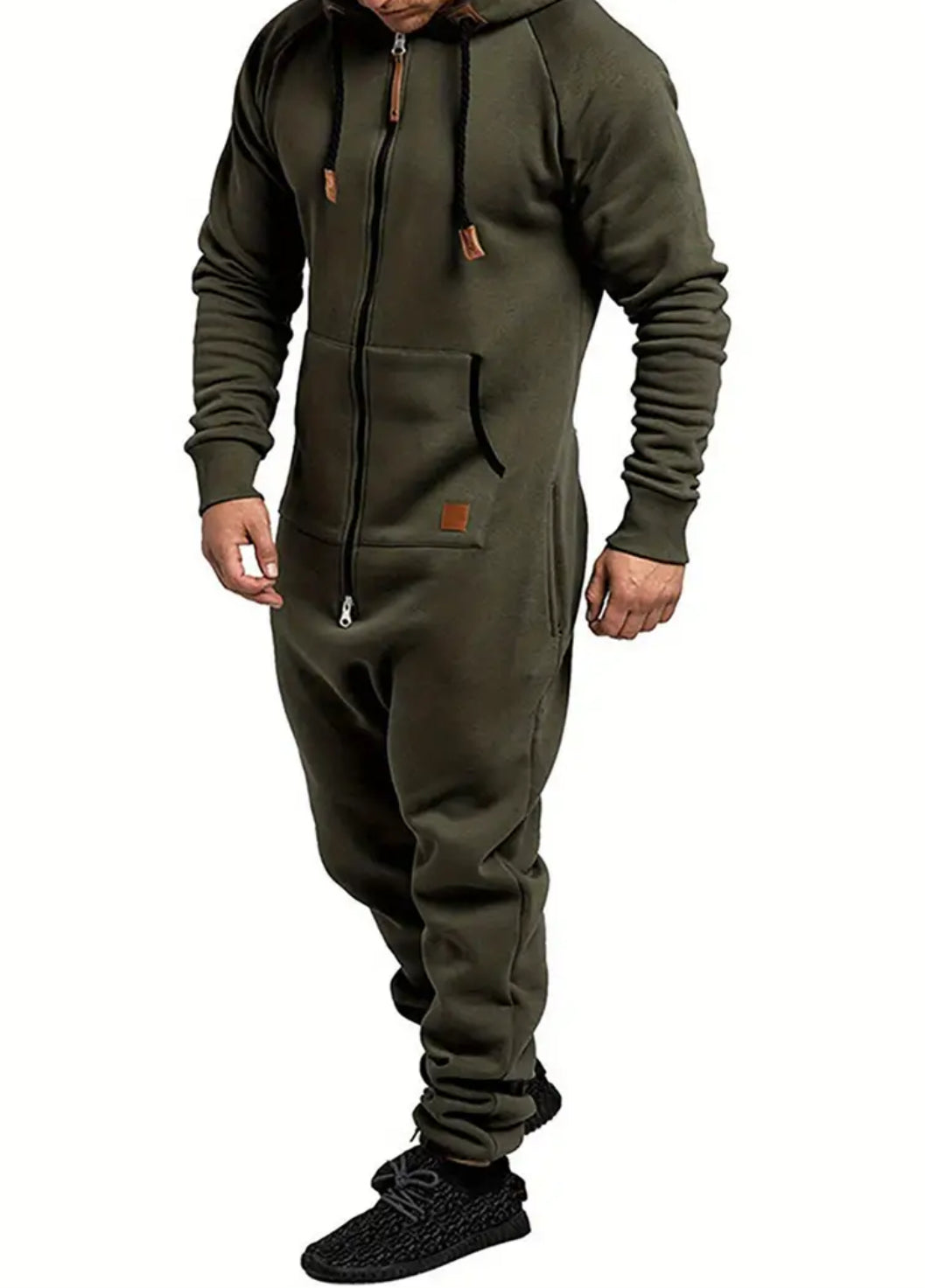 Men'S Hooded Fleece Lining Jumpsuit, Long Sleeve Full Zipper Overalls with Kangaroo Pockets