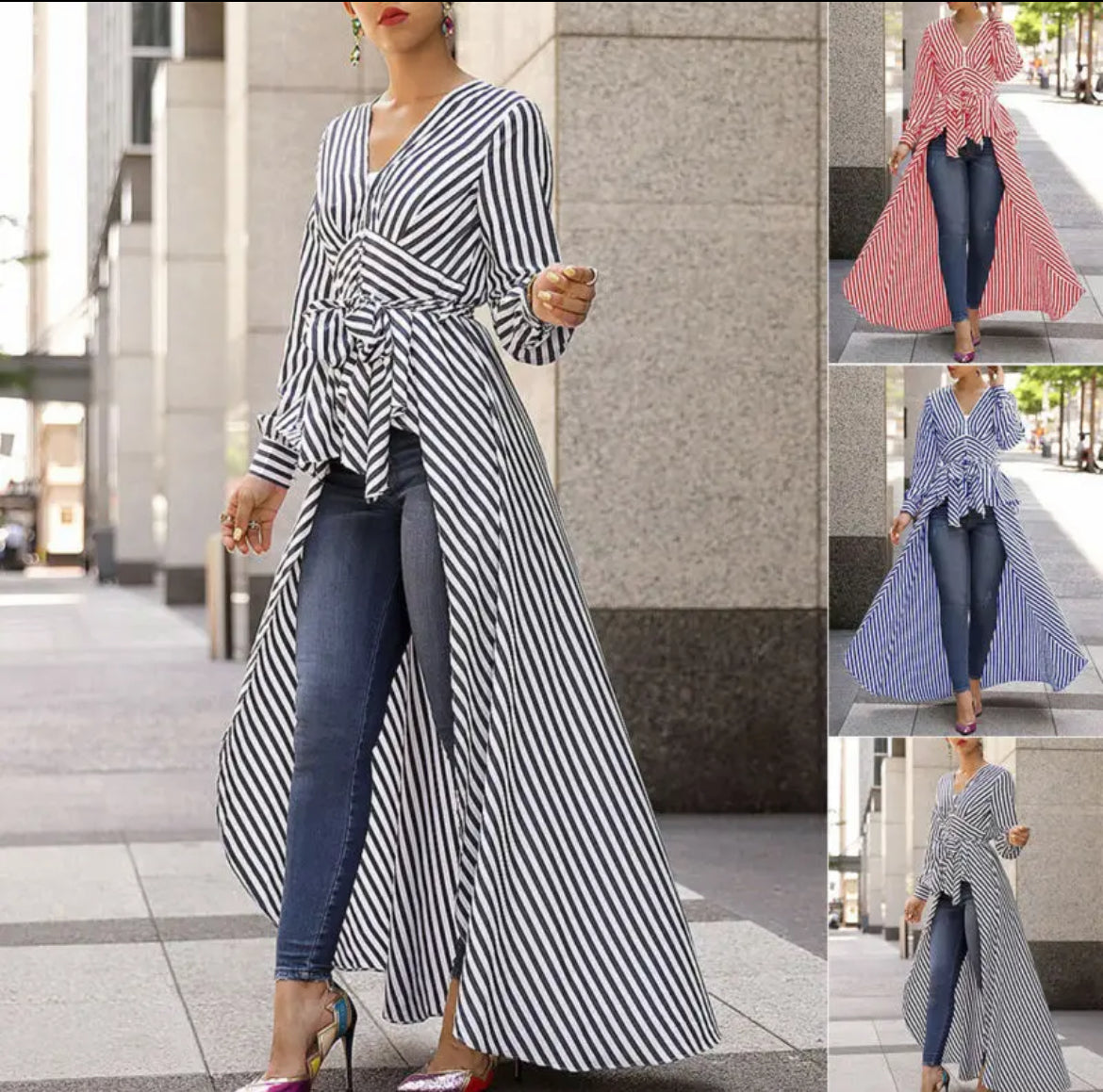 Casual Fashion Bosses, Women Stripe, Long Sleeve V-Neck Blouse