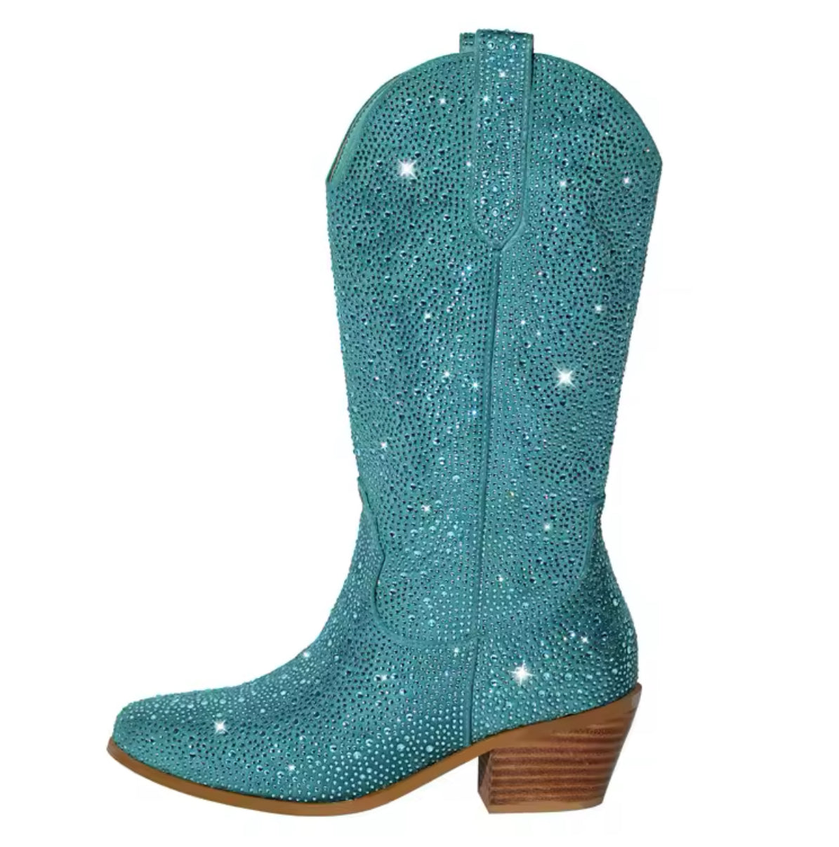 “Western & Rhinestones” Cowboy Boots, Stacked Block Heel, Mid Calf, Zipper Closure, PU Faux Leather Upper