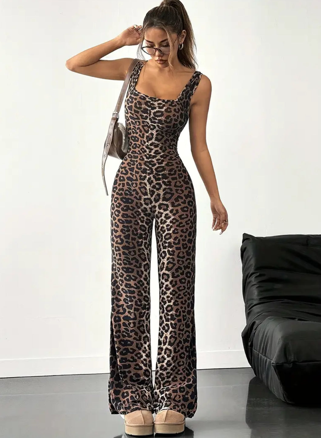 Leopard Print Sleeveless Jumpsuit, Sexy Square Neckline, Long Pants pants