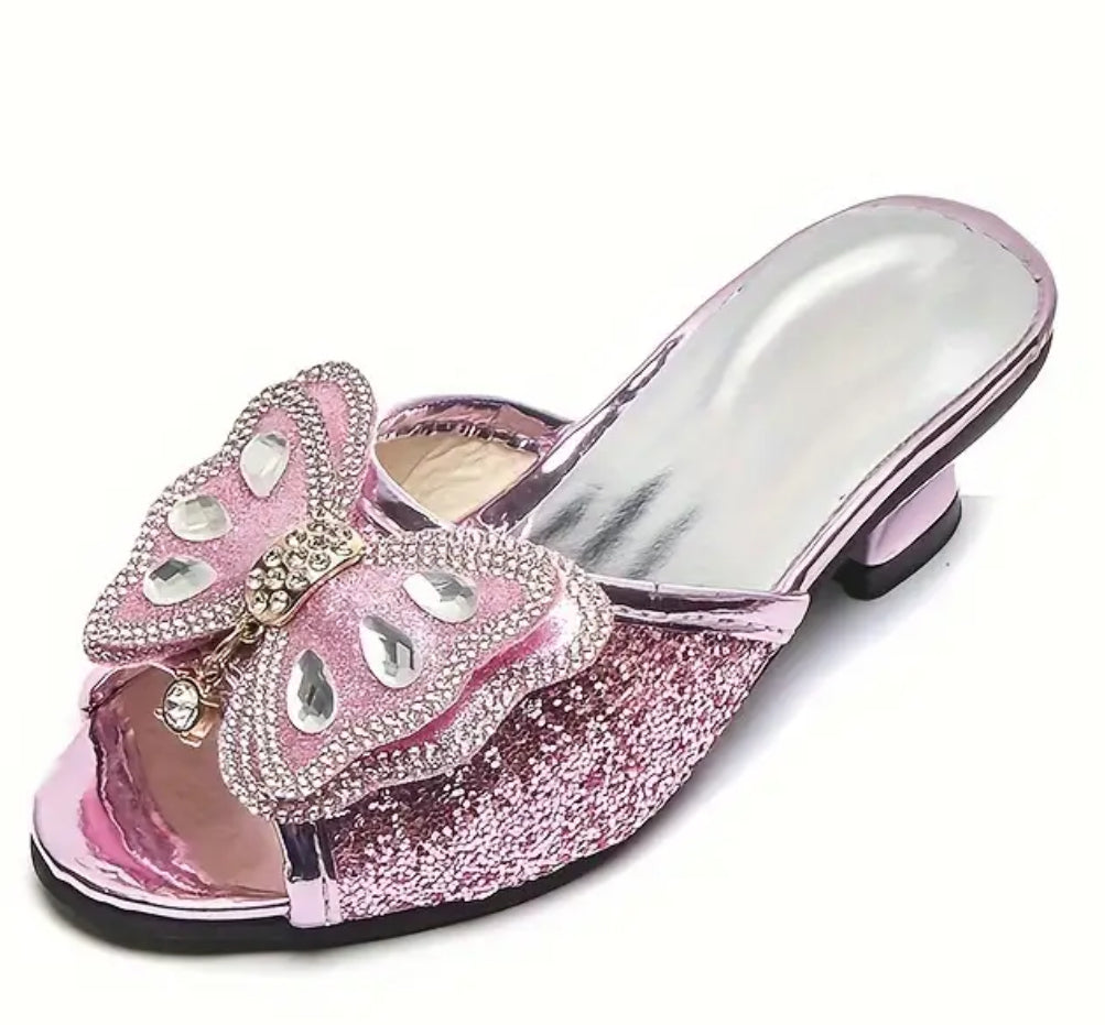 “Butterfly 🦋 Kisses” Girls High Heel Shoes - Shiny Rhinestone, Slip-On, Comfortable, Trendy, Cute, Lightweight Fashionable Design